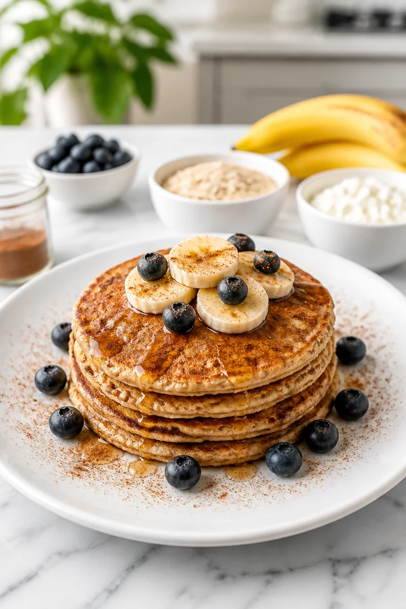 Healthy banana oat pancakes with cottage cheese and cinnamon on a plate