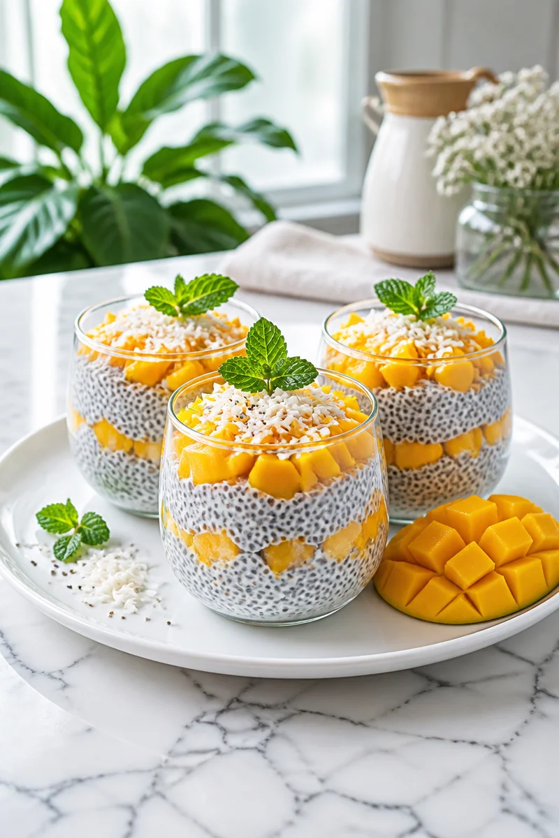 Healthy chia seed pudding topped with fresh mango and coconut