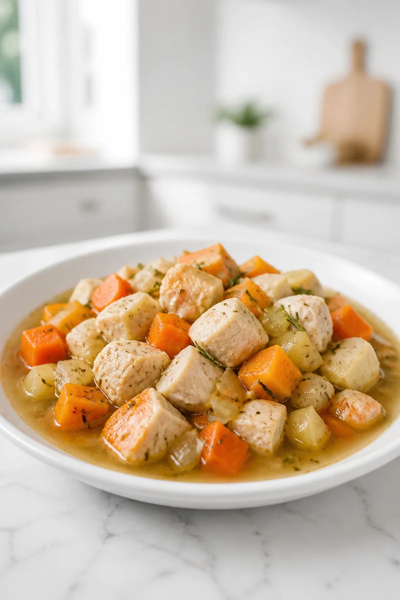 Bowl of healthy chicken stew with seasonal root vegetables on a wooden table