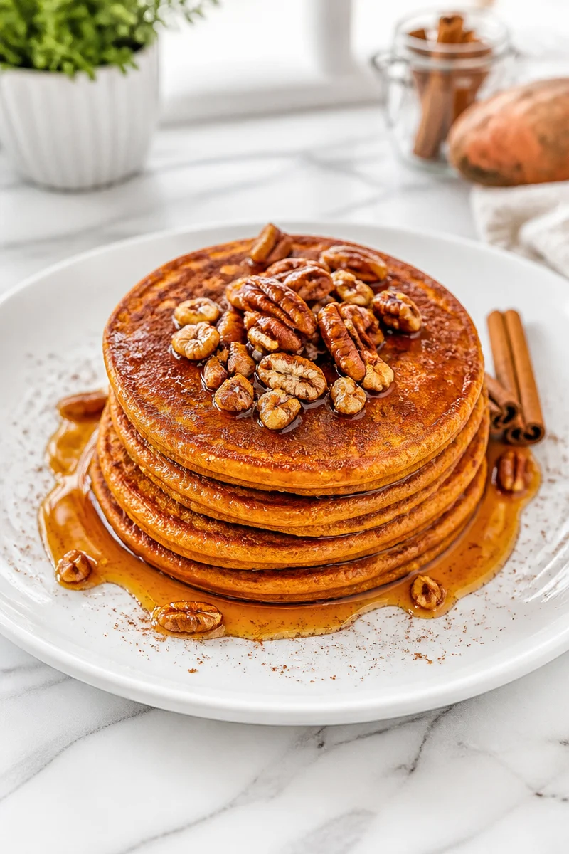 Healthy cinnamon spiced sweet potato pancakes served on a plate.