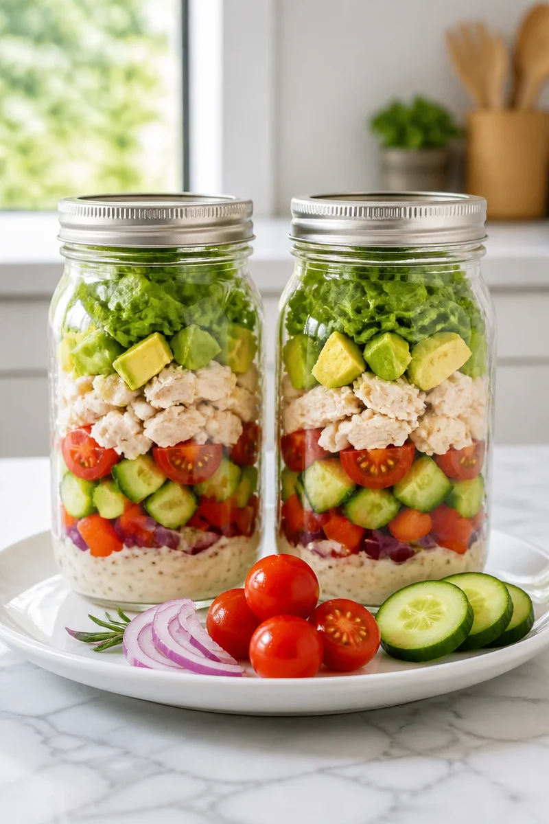 Healthy cold chicken salad in a mason jar for meal prep