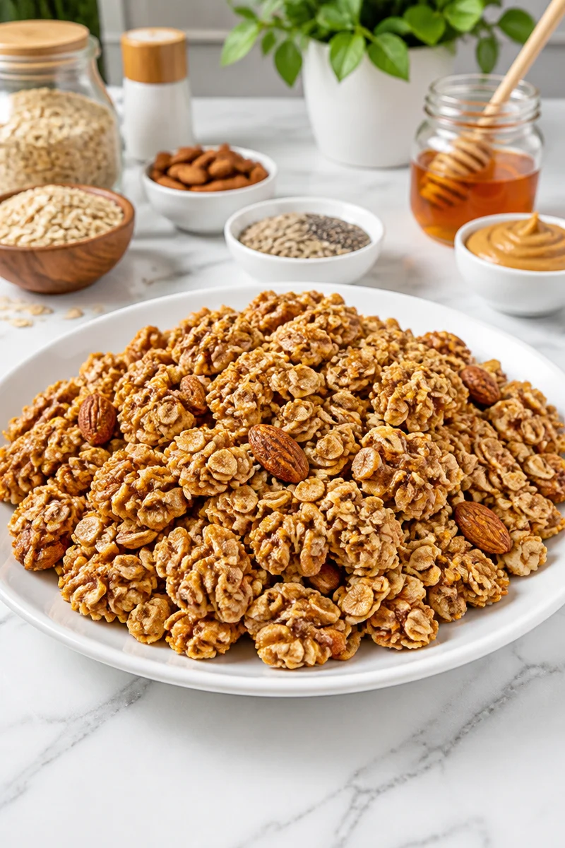 Healthy crunchy peanut butter and honey oat cereal in a bowl
