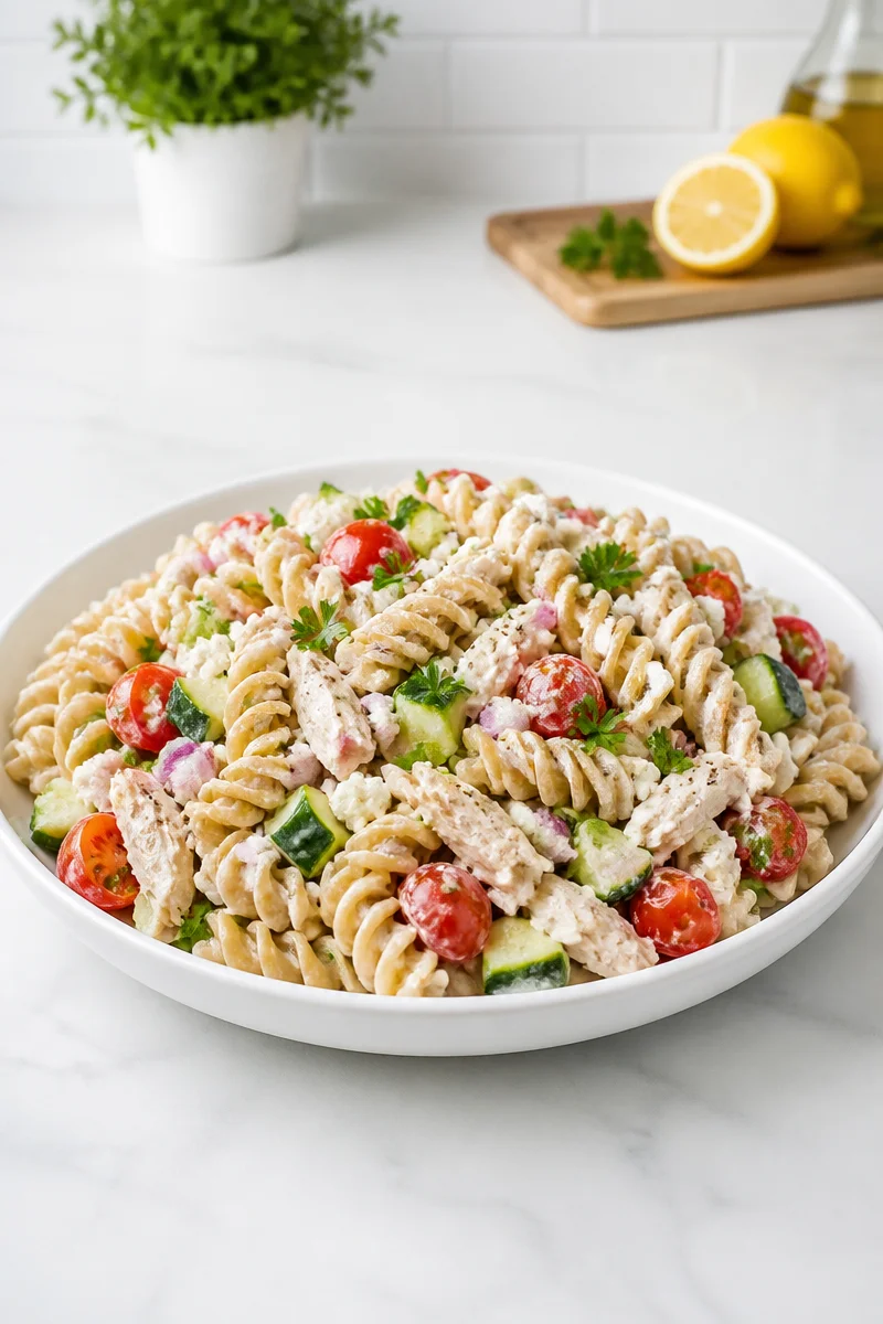Healthy Greek yogurt chicken pasta salad with fresh vegetables and herbs