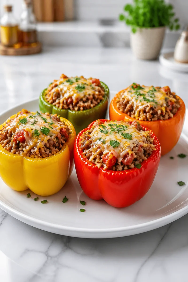 Healthy ground beef and rice stuffed pepper on a plate