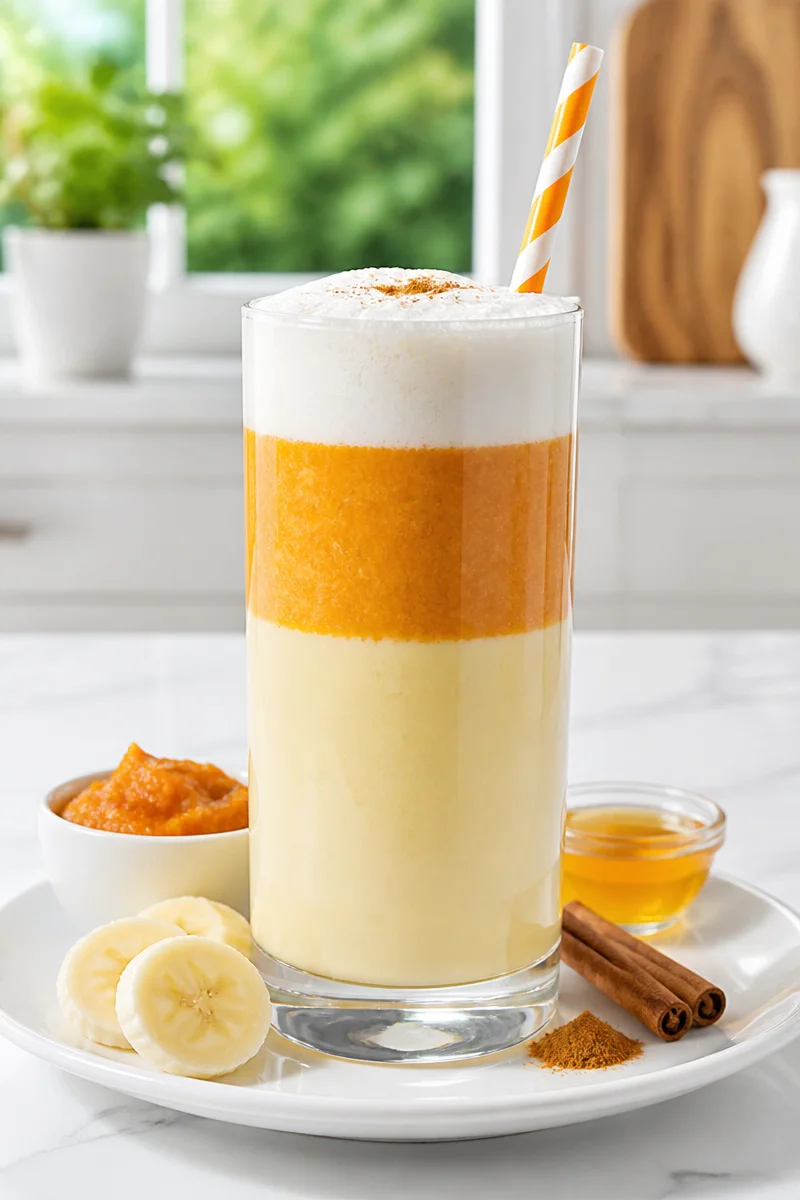 Healthy Layered Candy Corn Smoothie with colorful layers in a glass