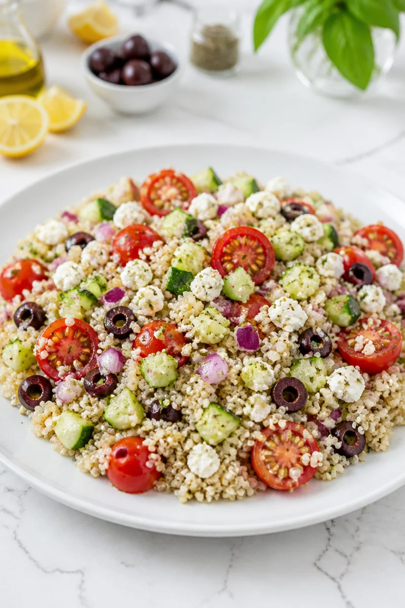 Healthy Mediterranean quinoa salad with feta cheese and fresh vegetables