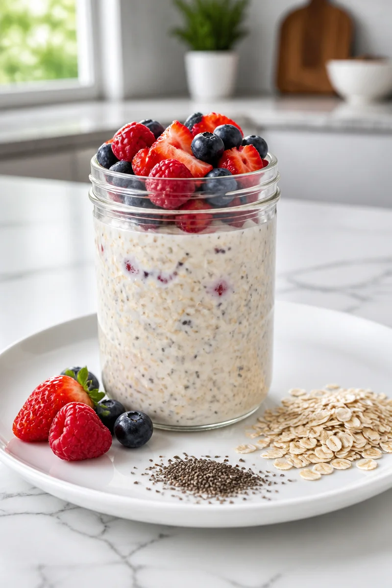 Bowl of healthy overnight oats with fresh berries and chia seeds