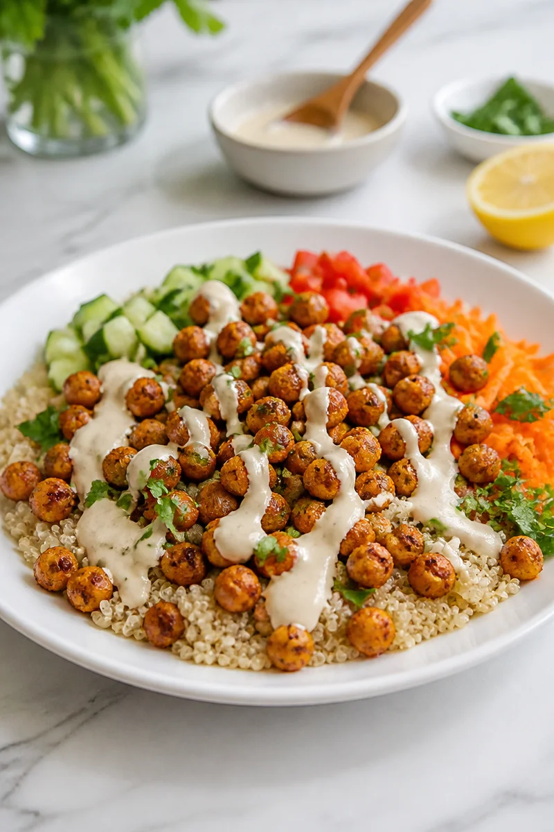 Healthy quinoa bowl with roasted chickpeas and tahini dressing