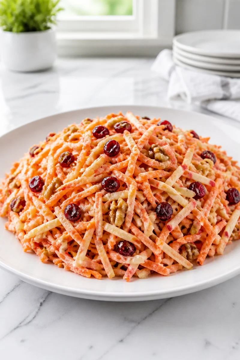 Healthy shredded apple cranberry carrot salad served in a bowl