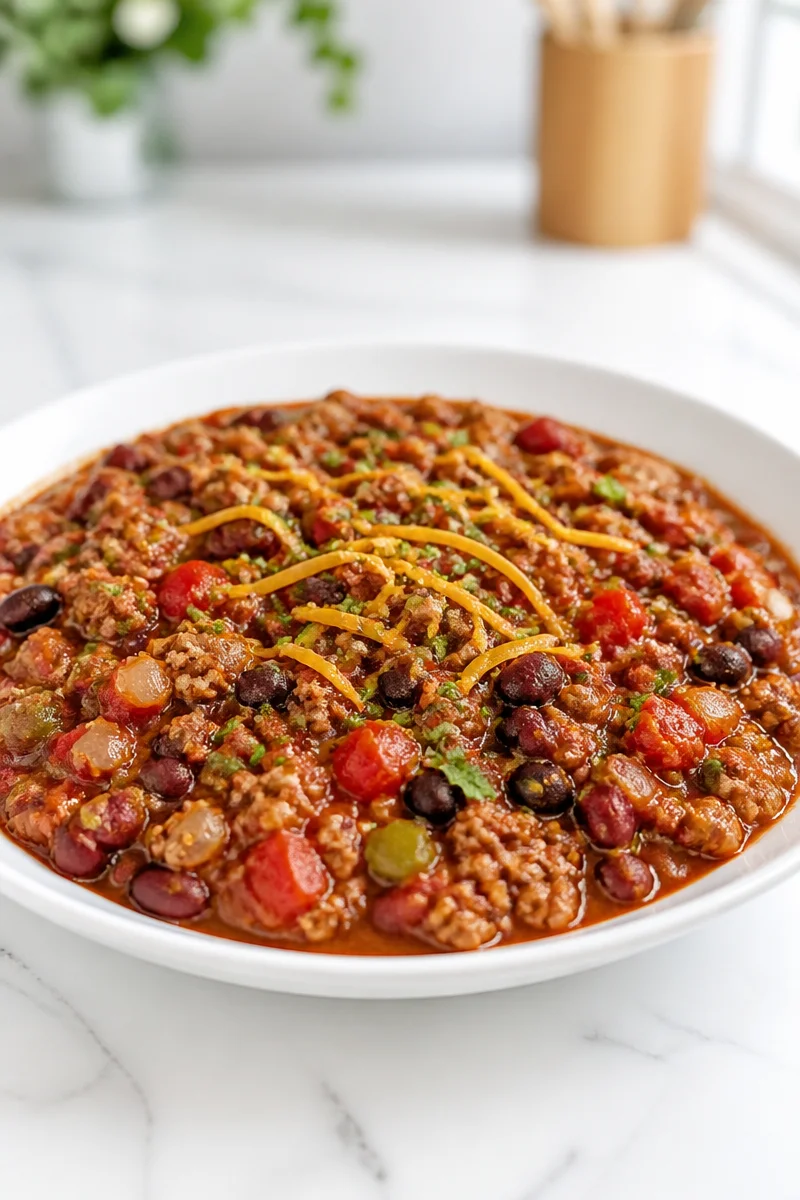Healthy slow cooker ground turkey chili served in a bowl with toppings