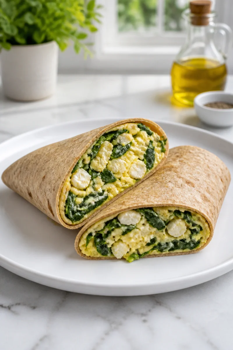 Healthy spinach feta wrap with eggs for breakfast