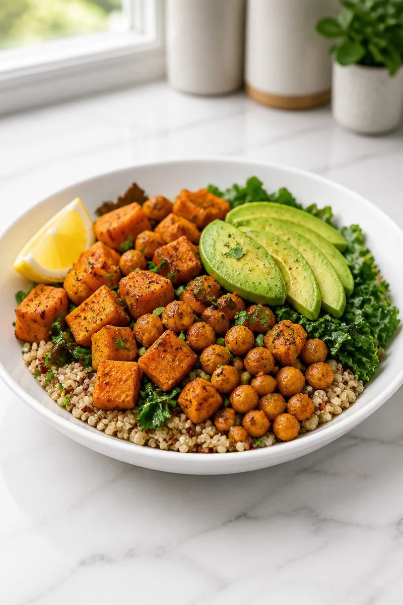 Healthy sweet potato and chickpea dinner bowl with fresh vegetables and spices.