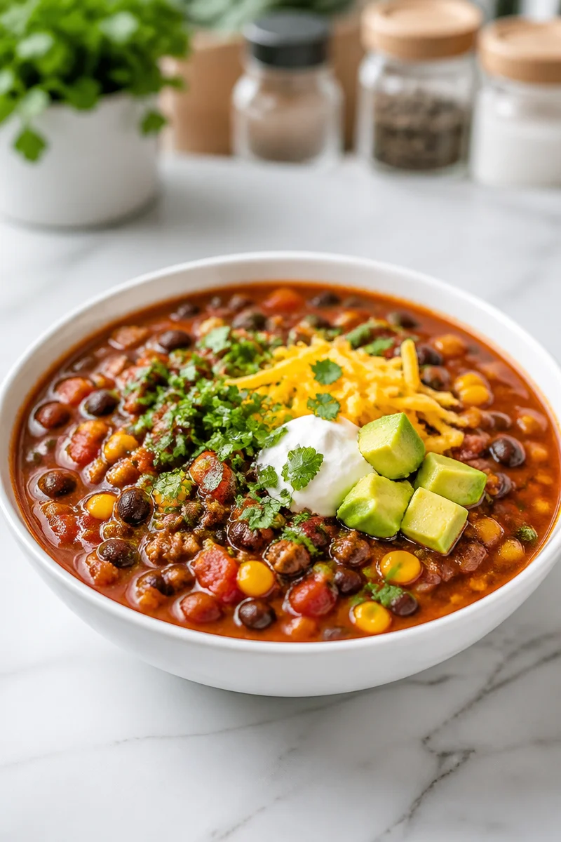 Hearty black bean and ground beef taco soup in a bowl garnished with cilantro