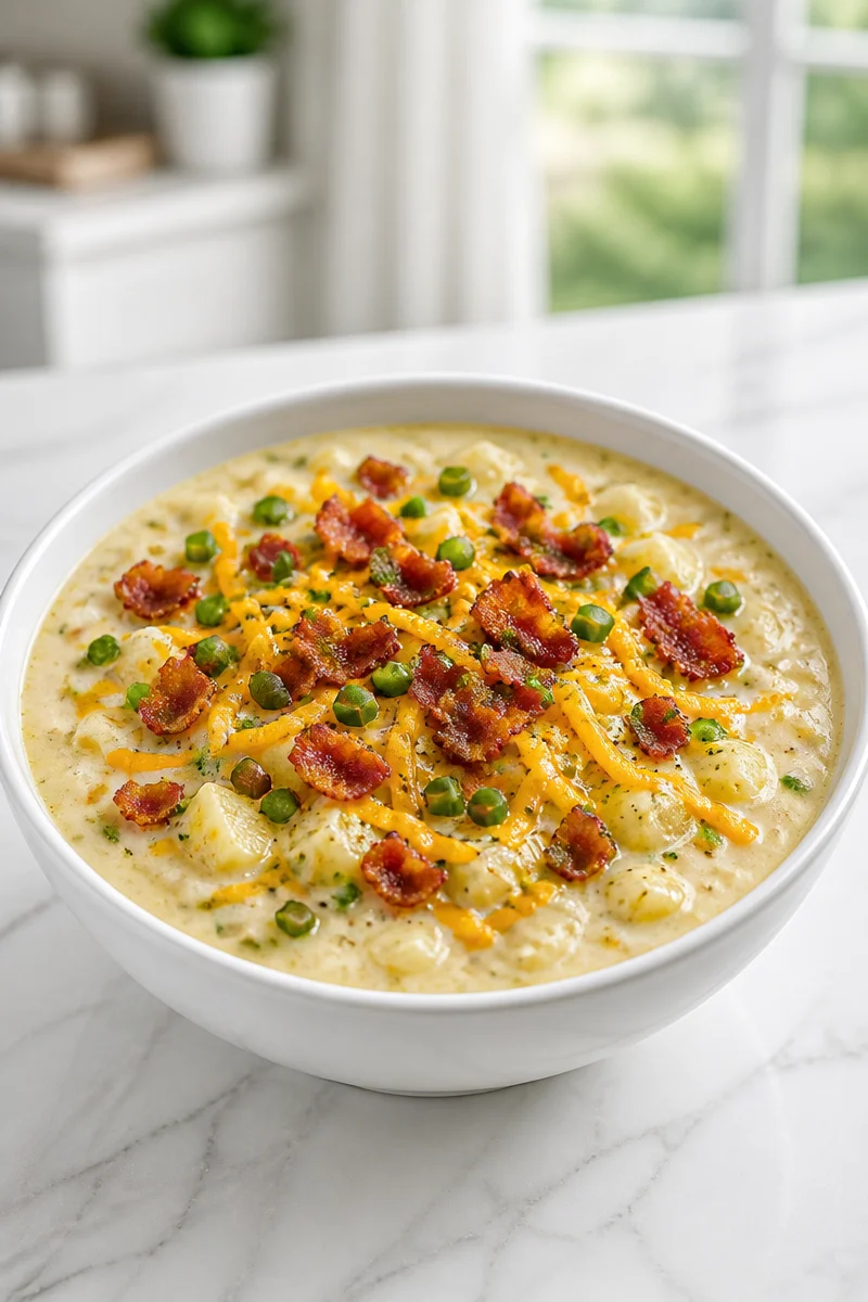 Bowl of hearty loaded baked potato soup with bacon topped with green onions