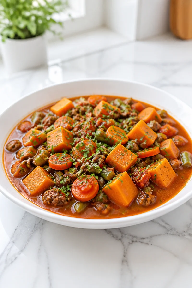 Bowl of hearty minced beef and sweet potato Puchero Soup, a comforting dish.