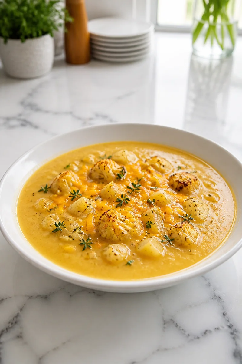 Bowl of hearty roasted cauliflower and cheddar potato soup garnished with herbs.