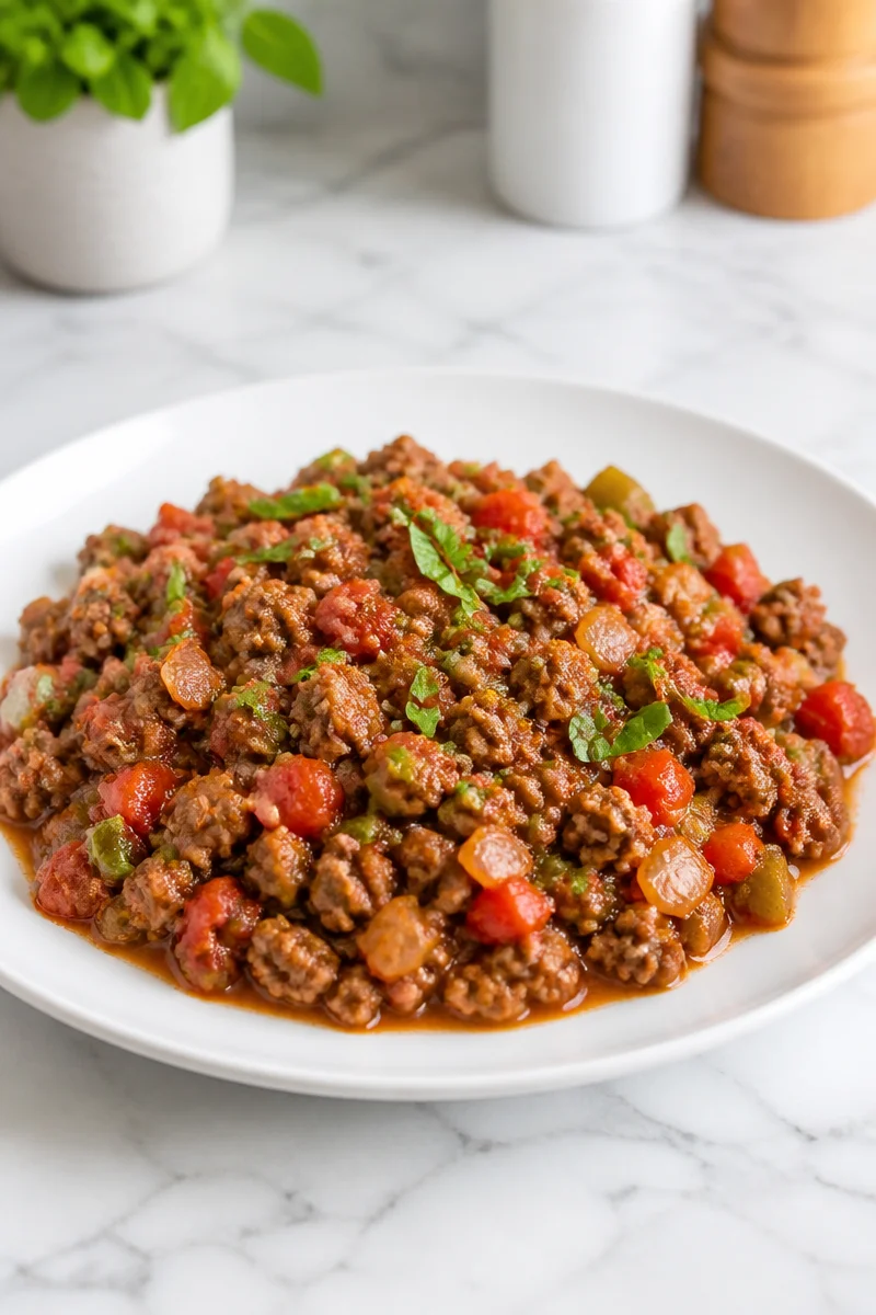 Delicious skillet beef Italian sausage dish with vibrant vegetables