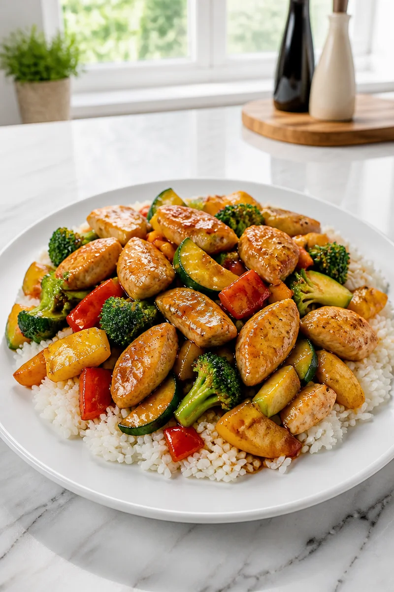 Hibachi chicken and vegetable stir-fry served in a colorful bowl