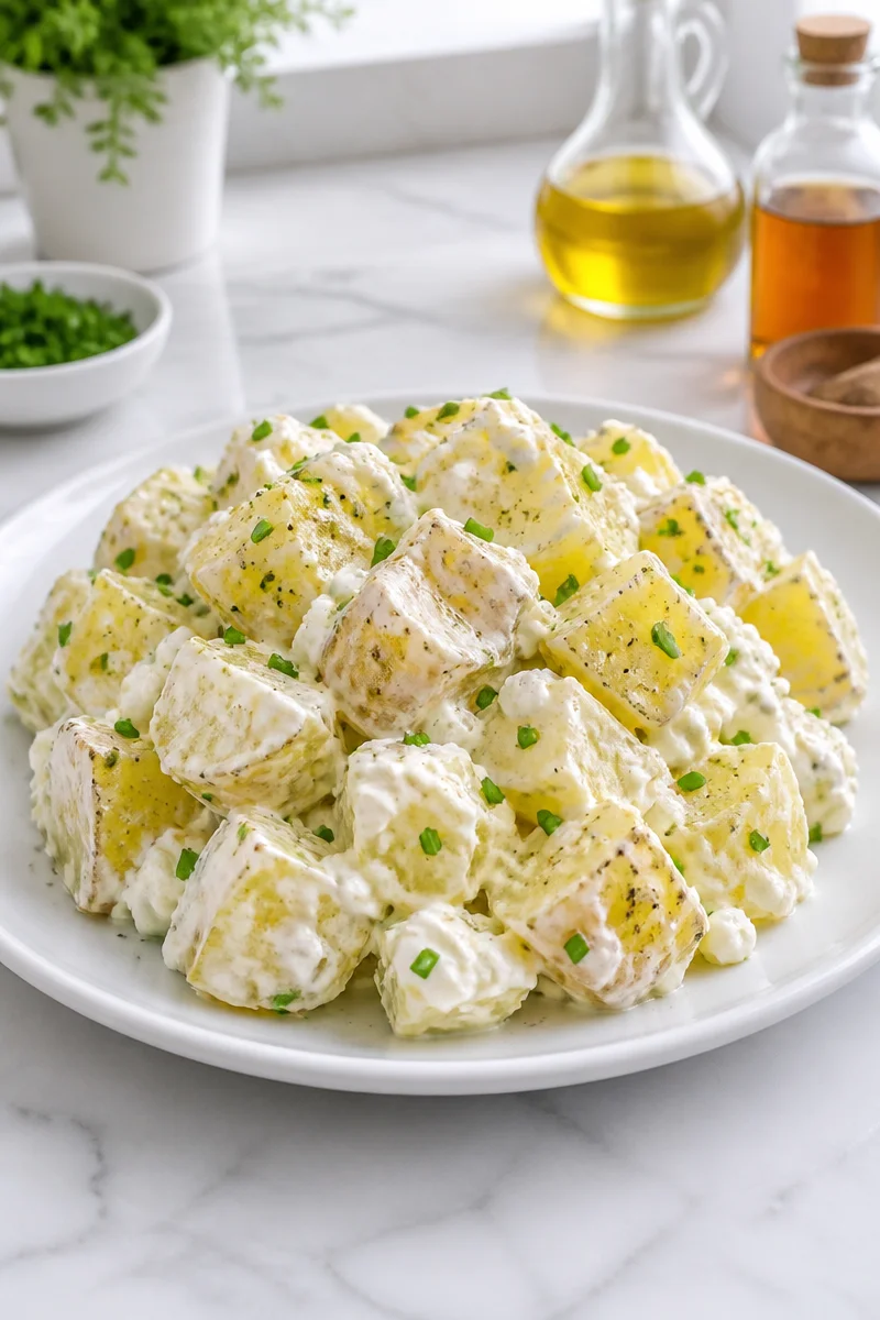 High protein potato salad with cottage cheese and chives garnished with fresh herbs.