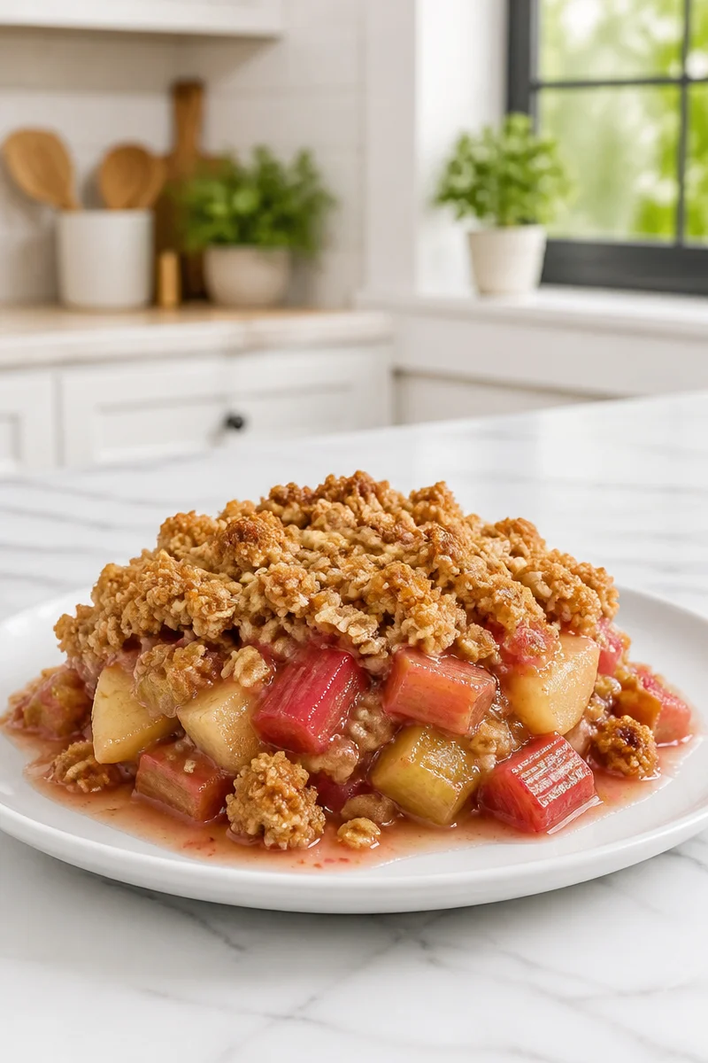 Homemade apple rhubarb crisp with oat topping served in a dish