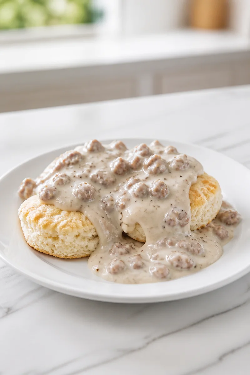 Flaky homemade buttermilk biscuits served with hearty sausage gravy.