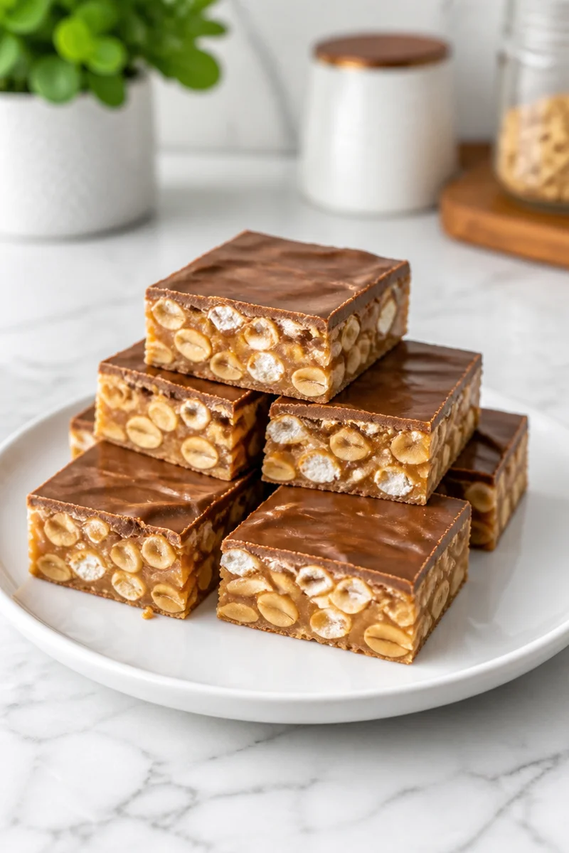 Homemade caramel nougat candy bars with peanuts