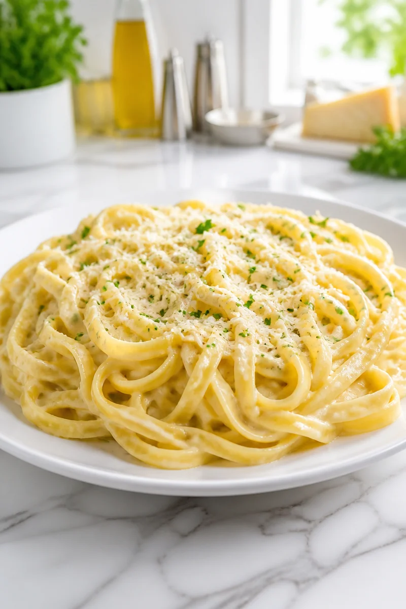 Homemade creamy Alfredo sauce served with fettuccine pasta on a plate