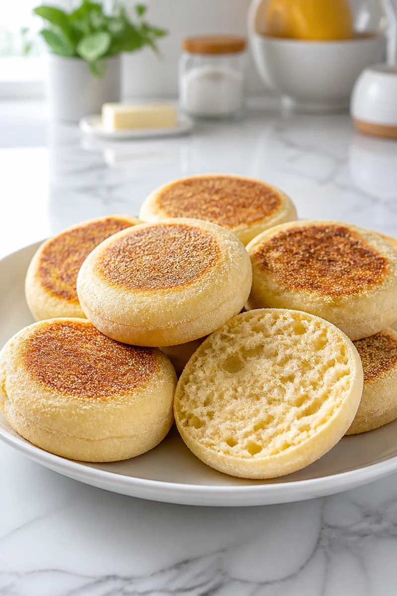 Homemade English muffin fresh out of the oven, perfect for breakfast.