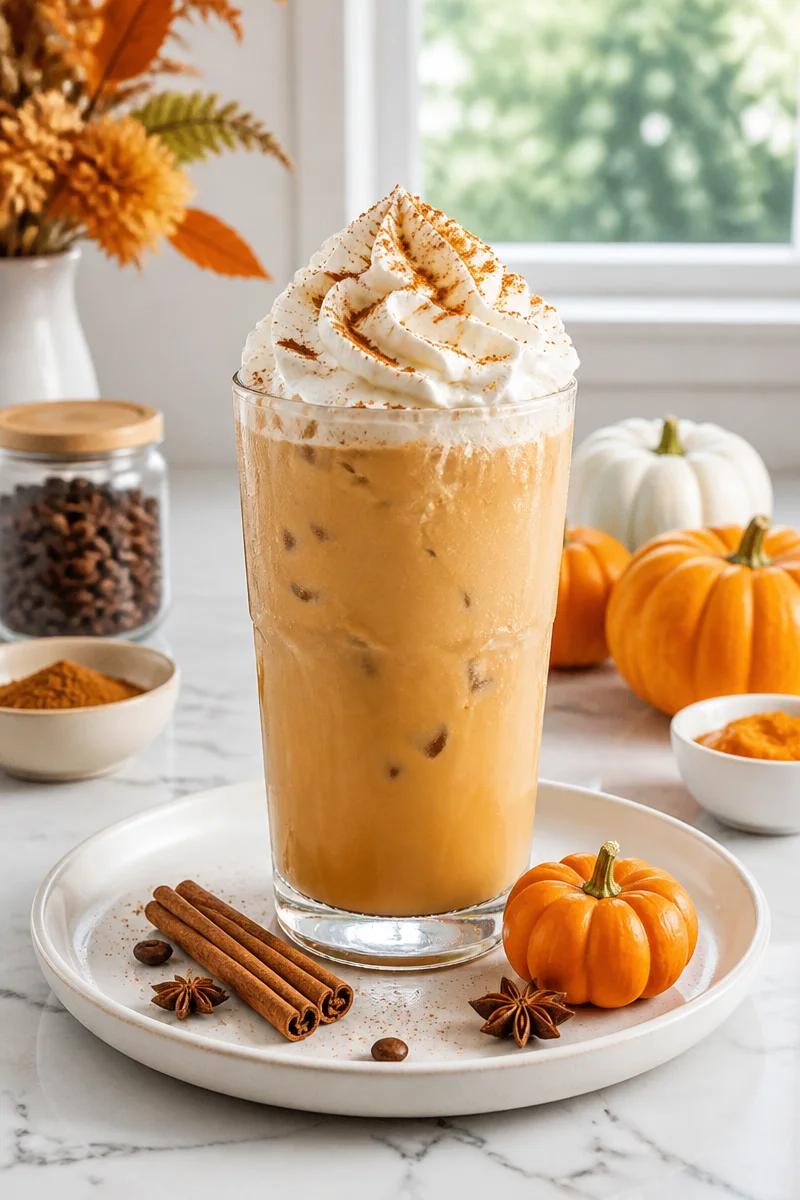 Homemade iced pumpkin spice latte topped with whipped cream and cinnamon