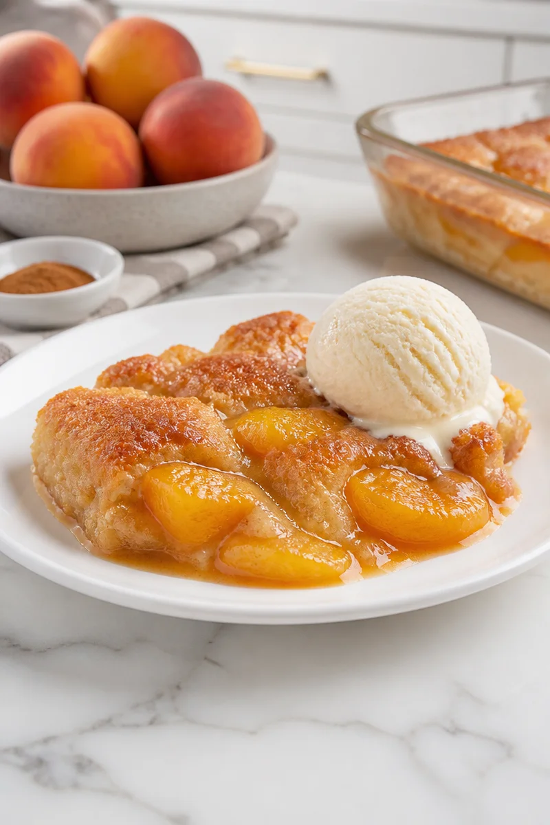 Delicious homemade peach cobbler baked from scratch with fresh peaches