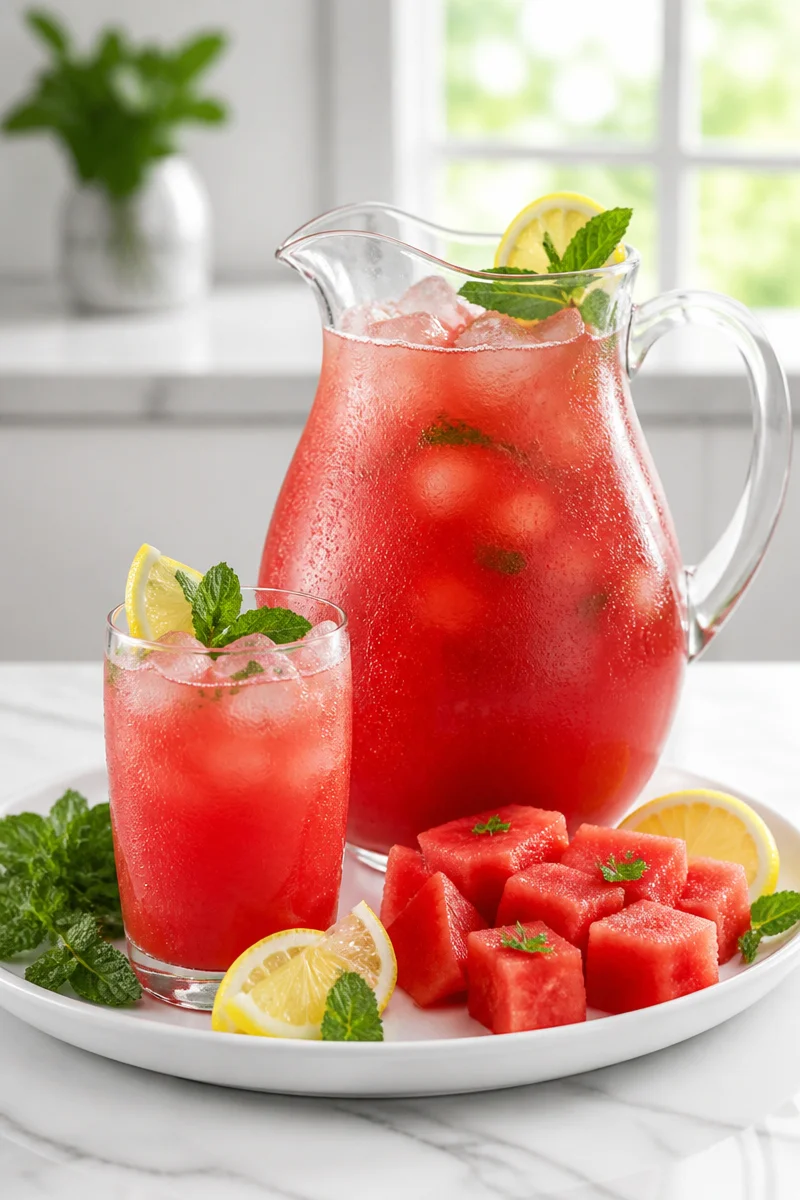 Glass of homemade watermelon mint lemonade with fresh mint leaves