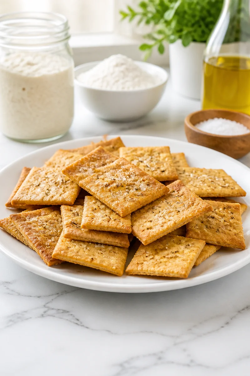 Homemade sourdough discard crackers topped with sea salt on a wooden board