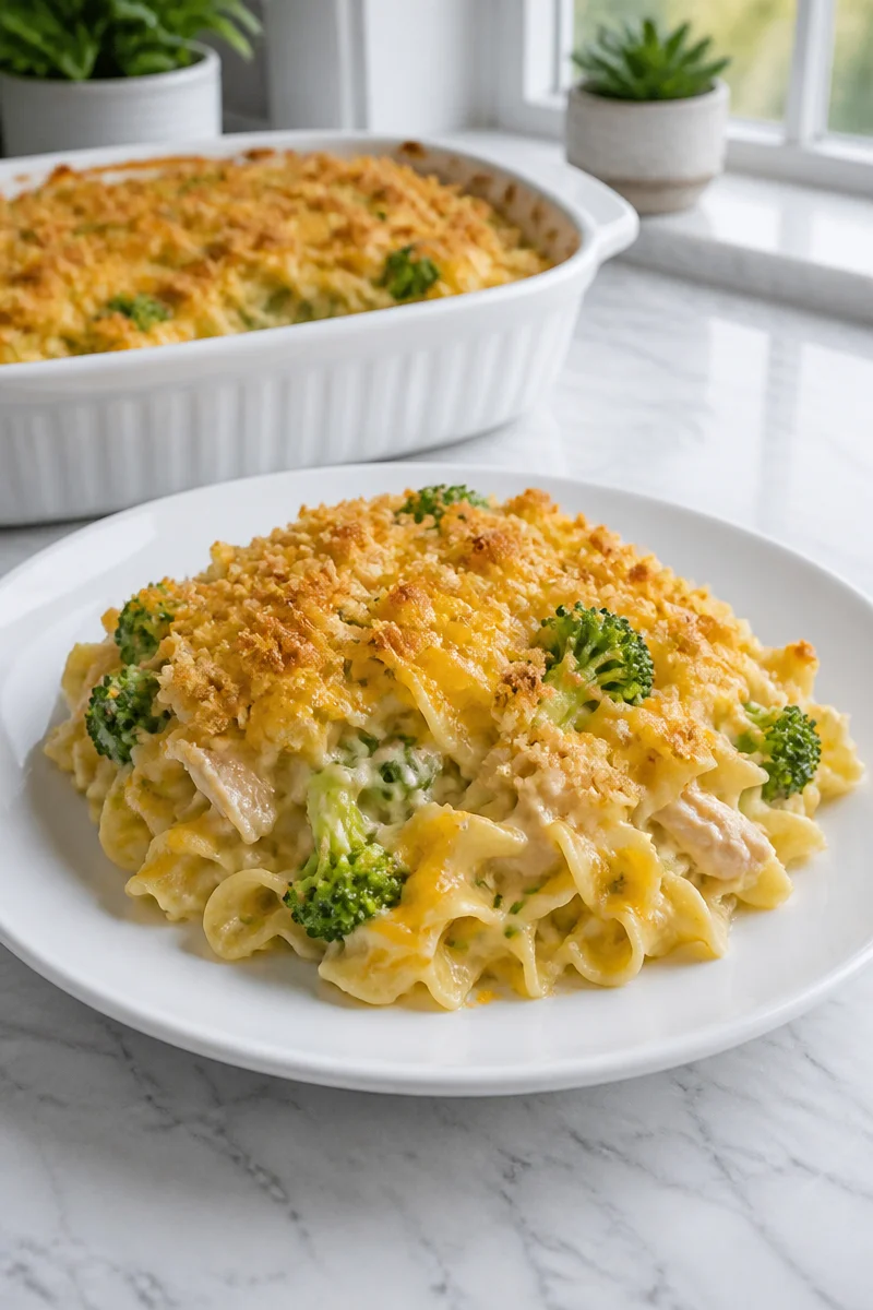 Homemade tuna casserole featuring broccoli and melted cheese in a creamy sauce.