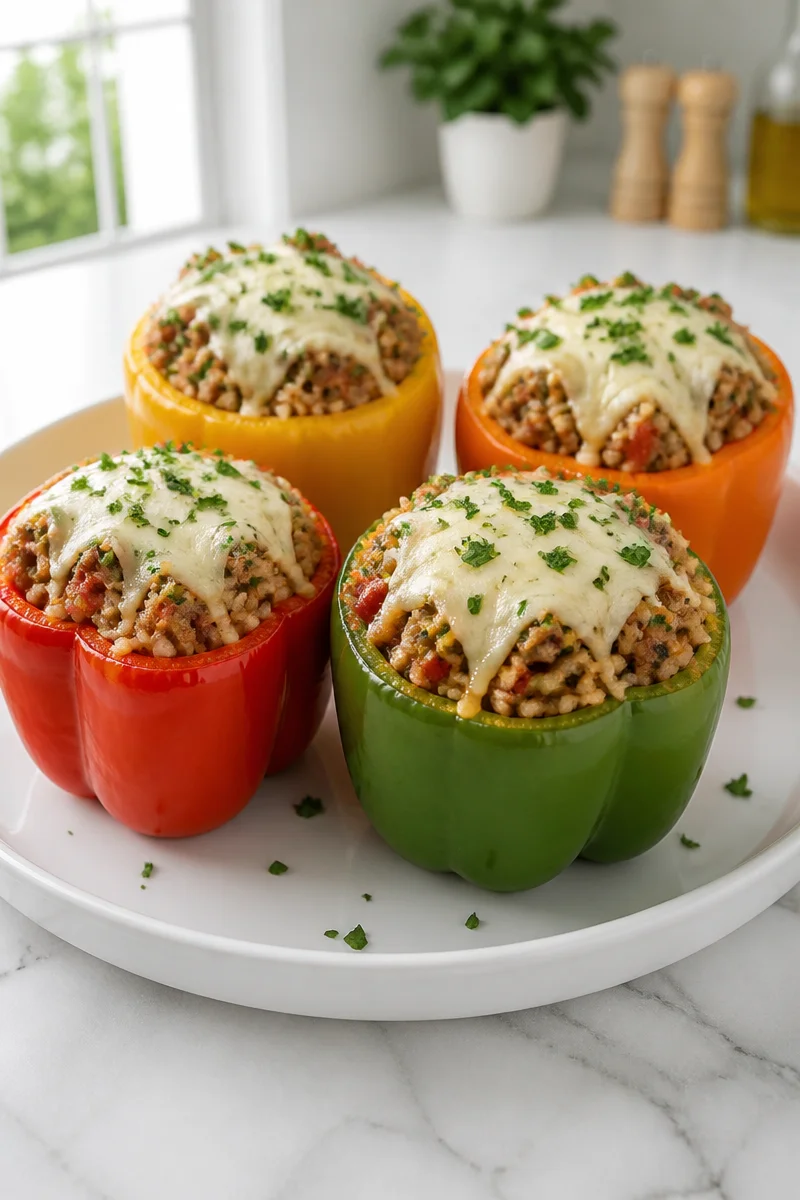 Italian turkey sausage stuffed bell pepper dinner with colorful peppers and herbs