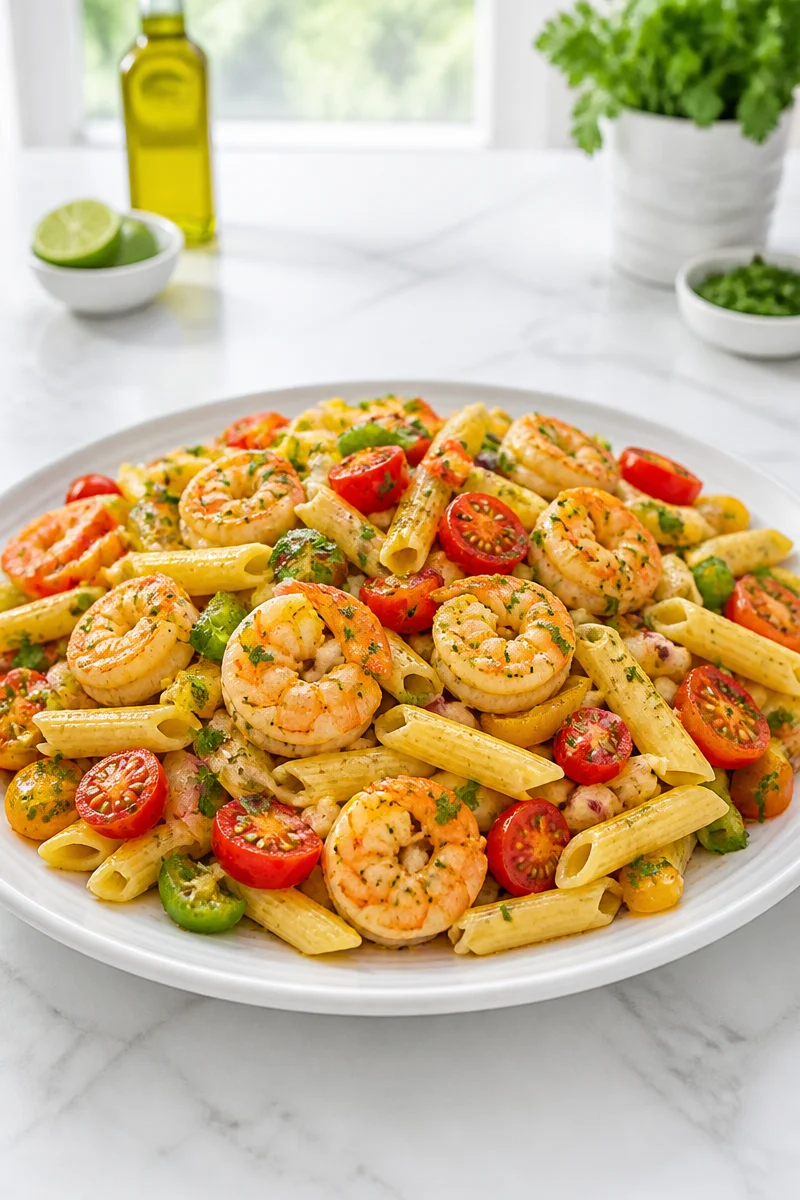 Colorful Jamaican Rasta Pasta Salad with shrimp, bell peppers, and herbs