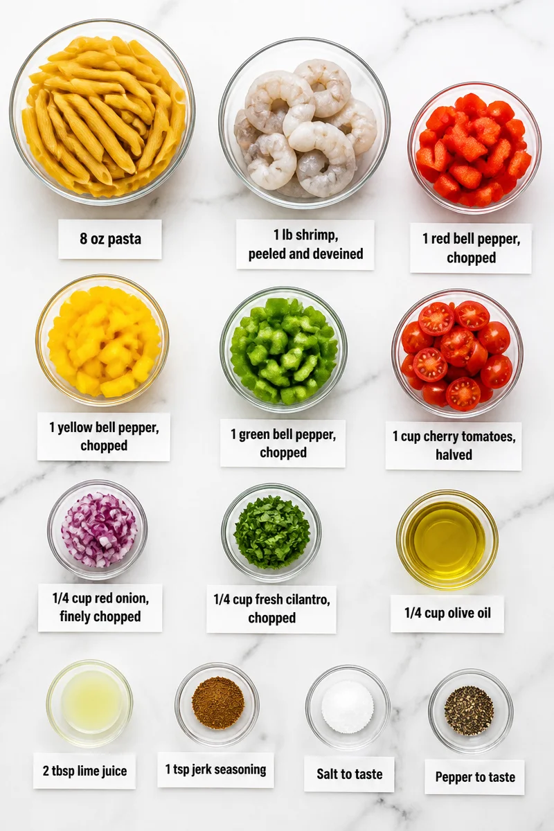 Jamaican Rasta Pasta Salad with Shrimp and Bell Peppers