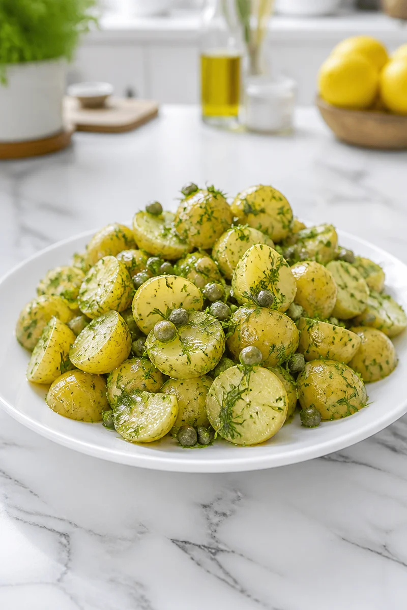Bowl of Jamie Oliver inspired potato salad with fresh dill and capers