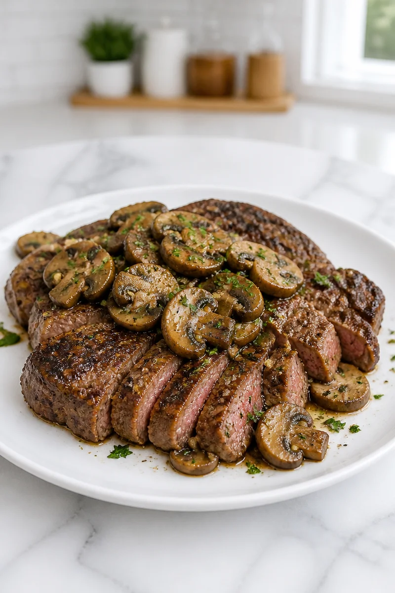 Juicy garlic butter ribeye steak served with sautéed mushrooms on a plate.