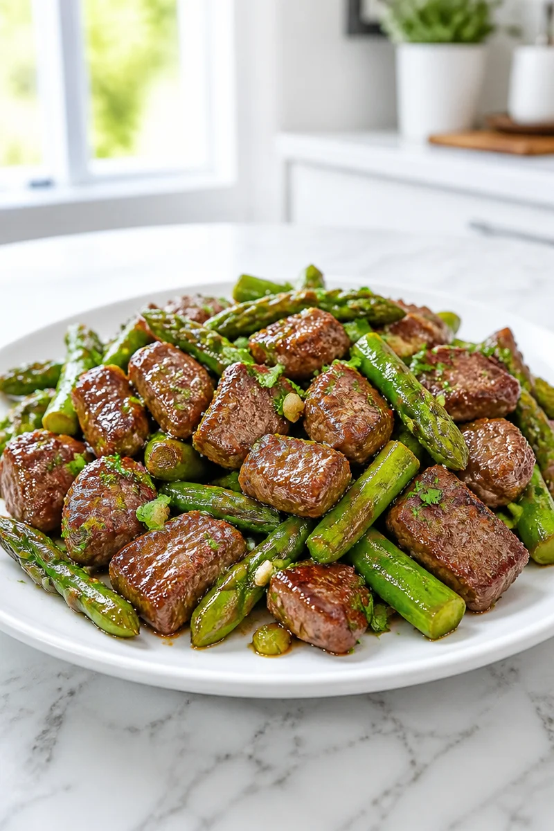 Juicy garlic butter steak bites served with fresh asparagus