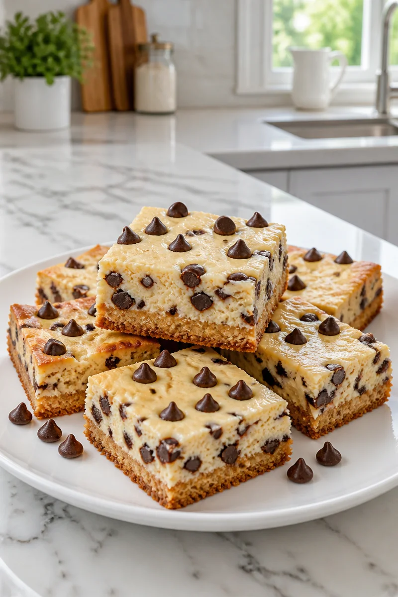 Keto Friendly Chocolate Chip Cheesecake Bar slice on a plate