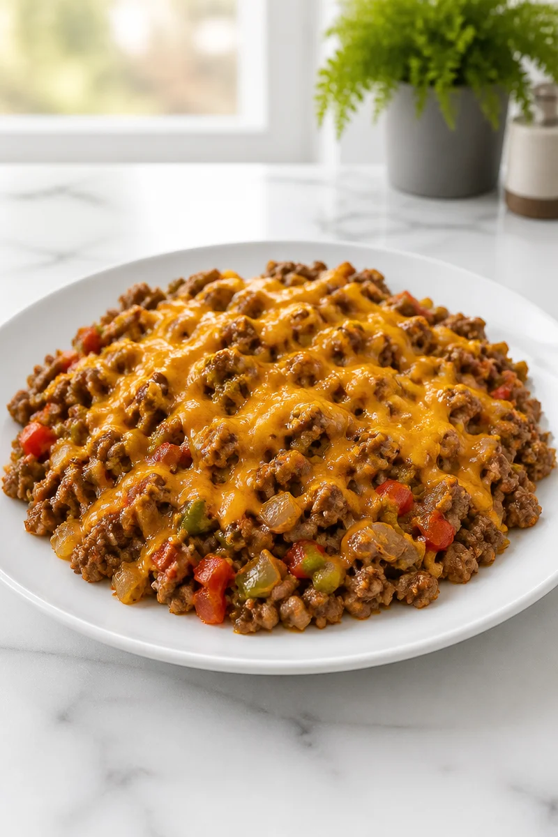 Keto Hamburger Meat Skillet with Cheddar served in a skillet