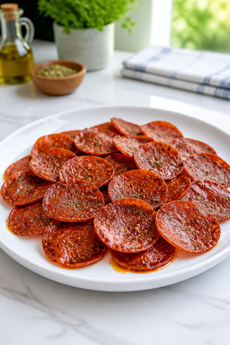 Keto Pepperoni Chips seasoned with Italian herbs for a tasty low-carb snack