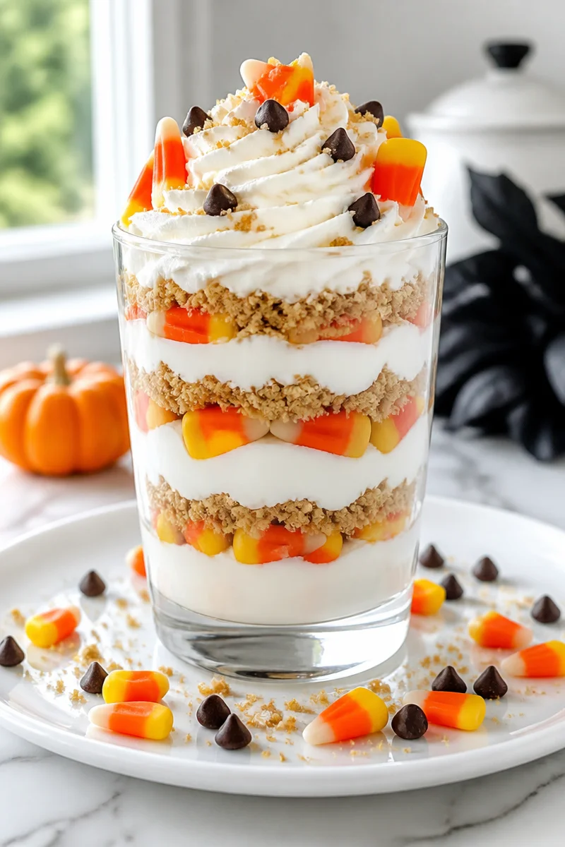 Layered Halloween parfait with candy corn and yogurt in a festive dessert cup