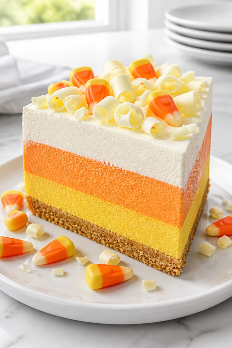 Layered Candy Corn Cheesecake slice with colorful layers of orange, yellow, and white.