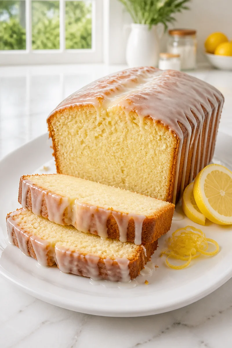 Delicious lemon glazed pound loaf cake with a moist texture and glazed finish.