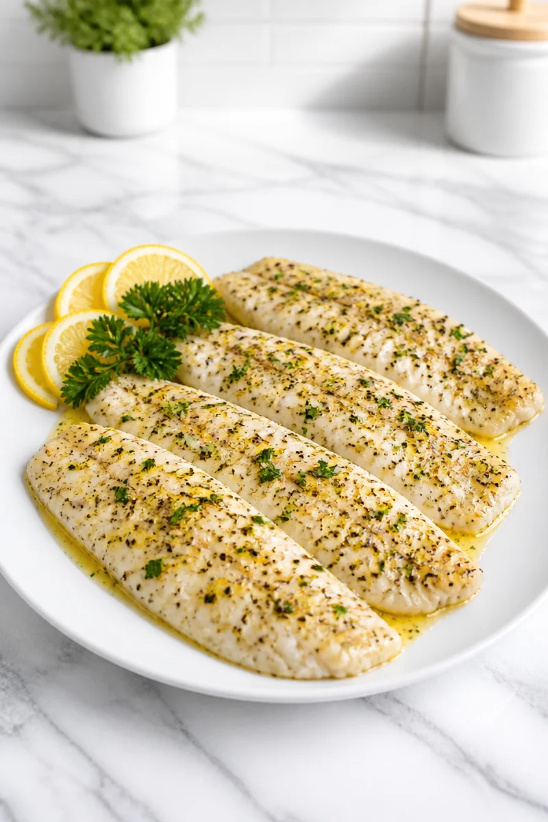 Lemon Pepper Baked Flounder Fillet garnished with lemon slices and herbs