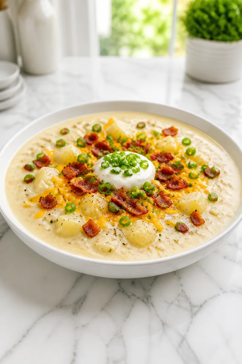 Bowl of loaded baked potato soup topped with cheddar cheese and scallions