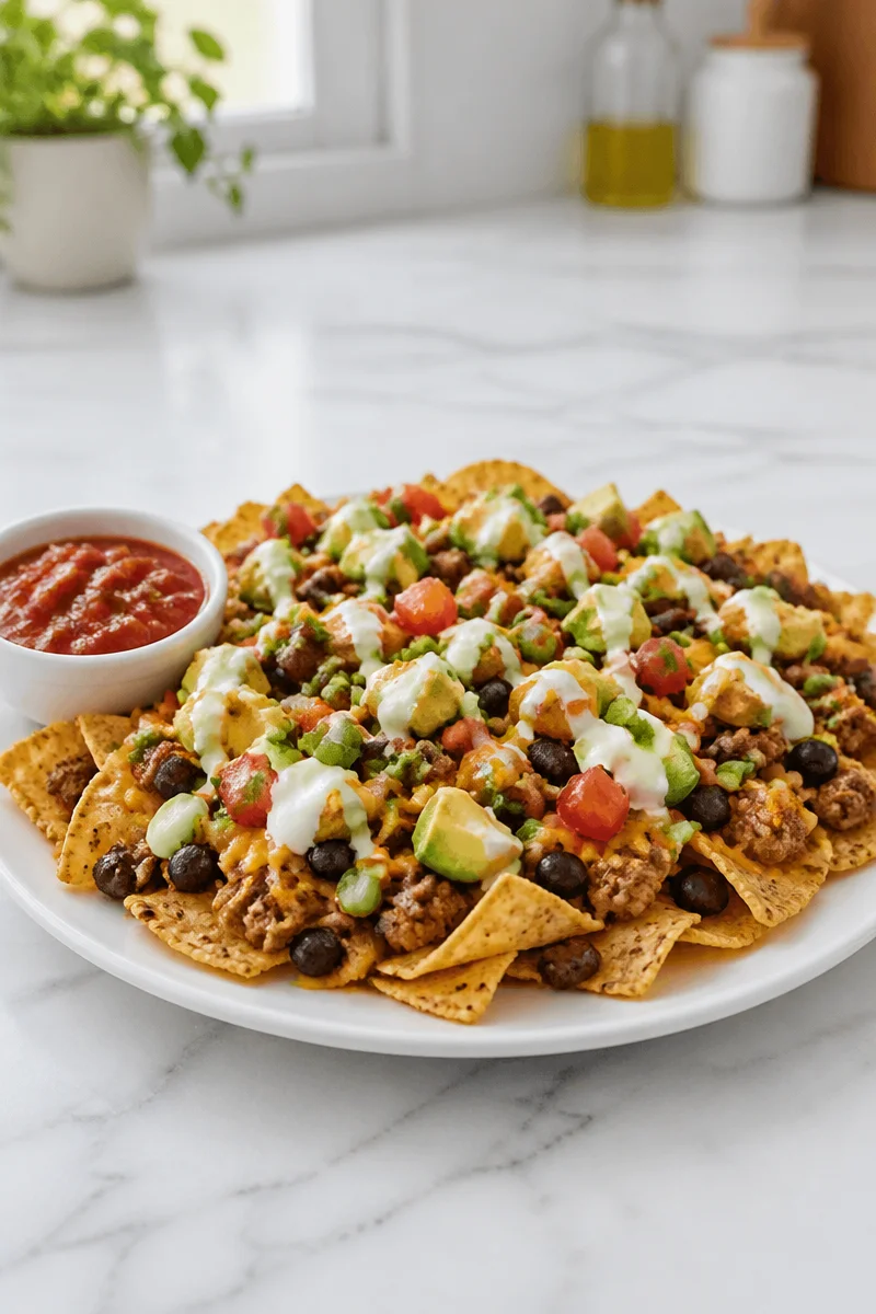Loaded Ground Turkey And Black Bean Nachos topped with cheese and toppings