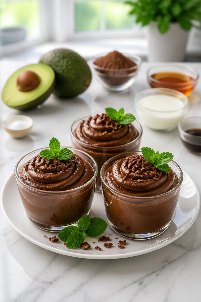 Low calorie dark chocolate avocado mousse in a bowl topped with berries