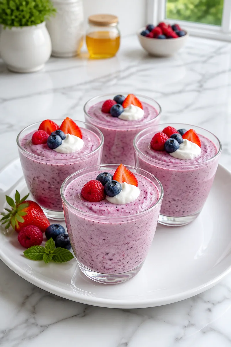 Low calorie Greek yogurt berry mousse topped with fresh berries